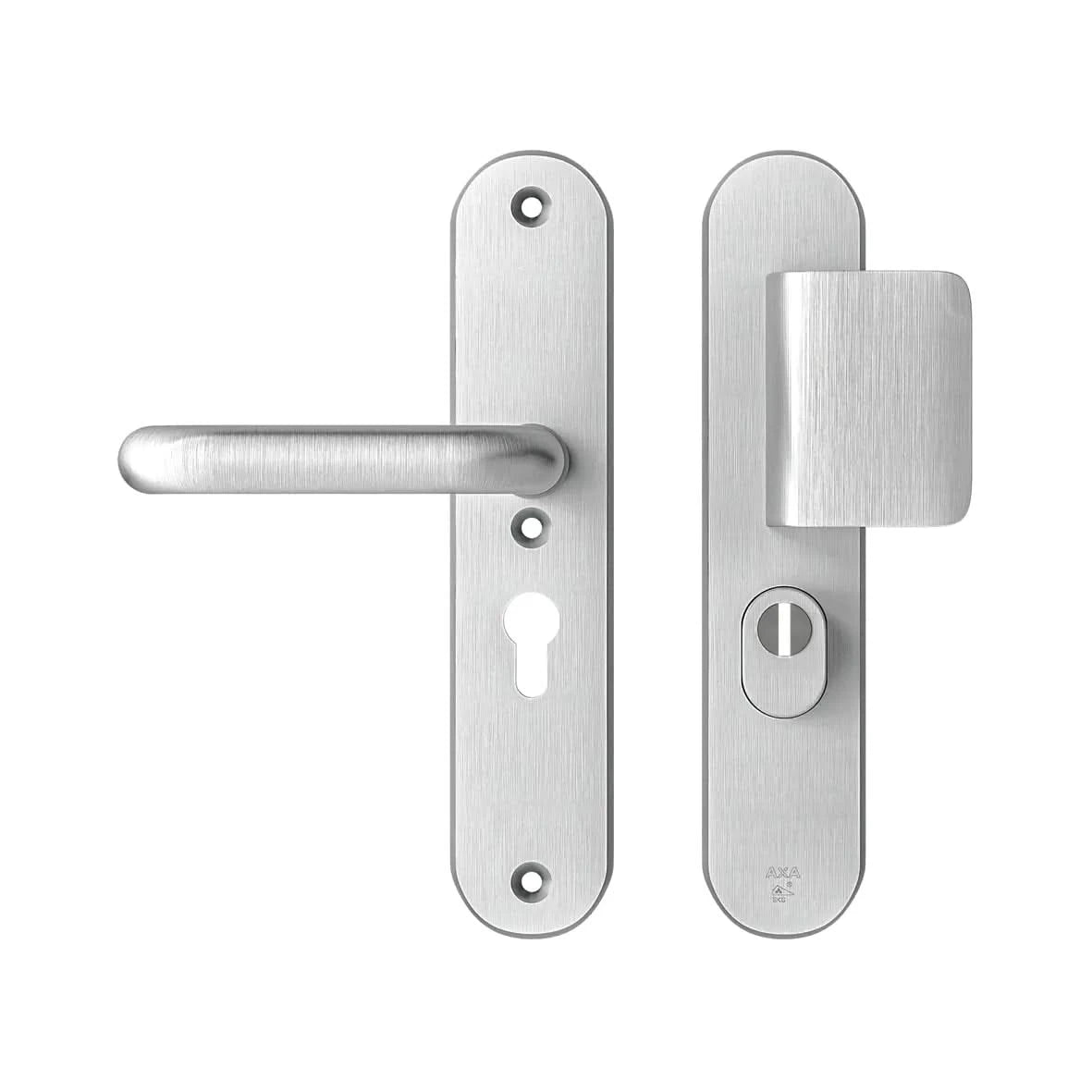 AXA Oval Plus veiligheidsbeslag D-duwer en kruk PC55 aluminium F1 vooraanzicht