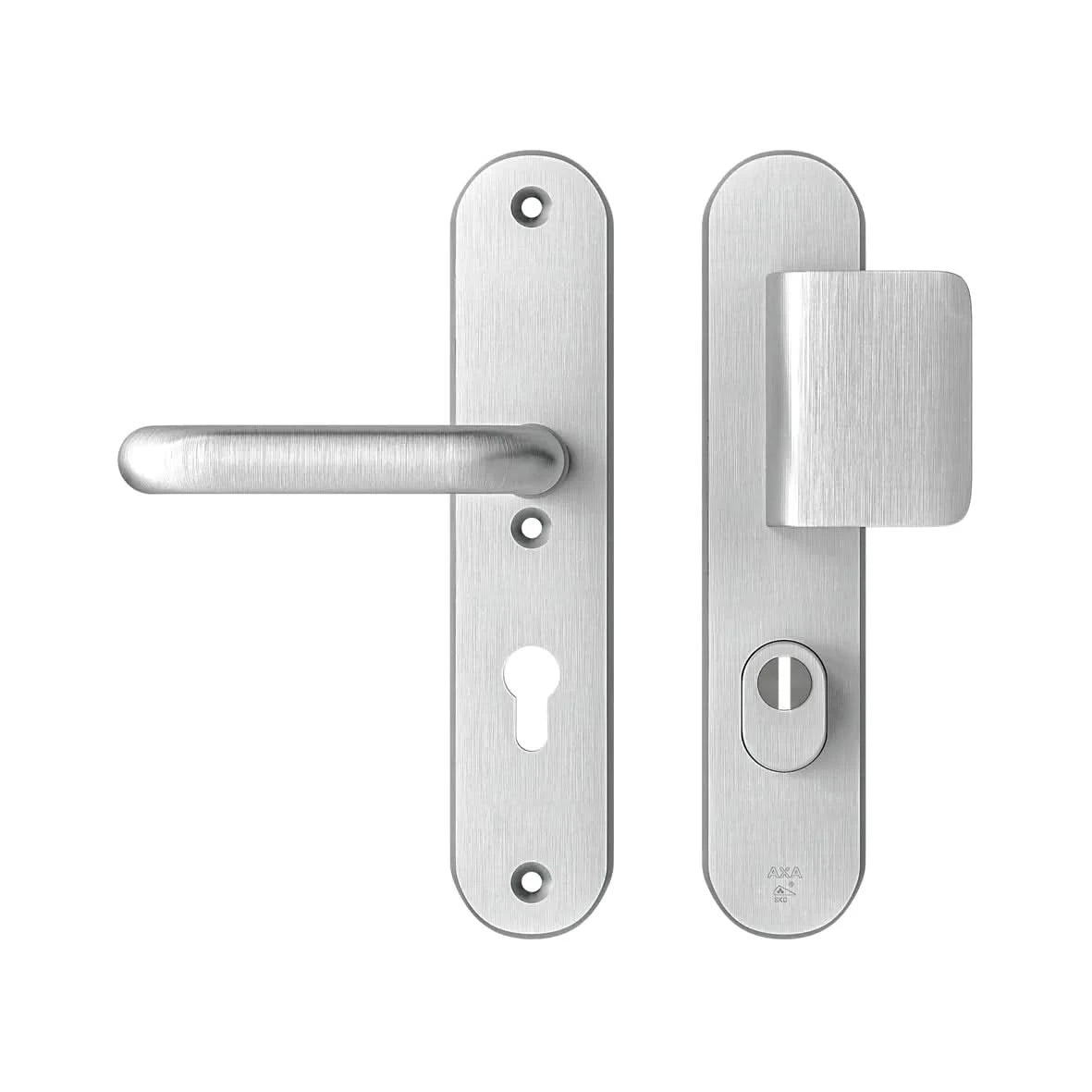 AXA Oval Plus veiligheidsbeslag D-duwer en kruk PC72 aluminium F1 vooraanzicht