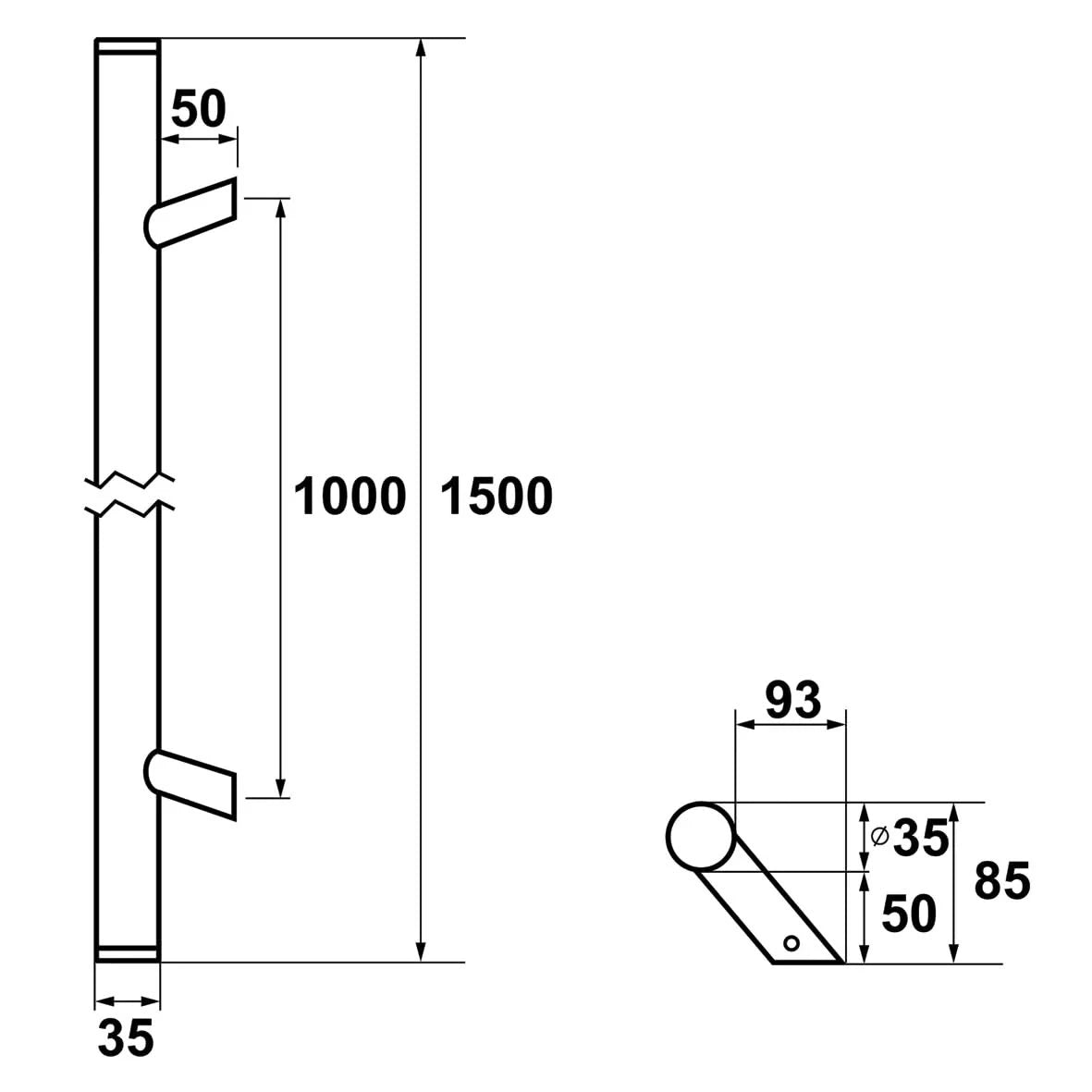 AXA Deurgreep Montreal schuin 1500 mm aluminium – detailopname
