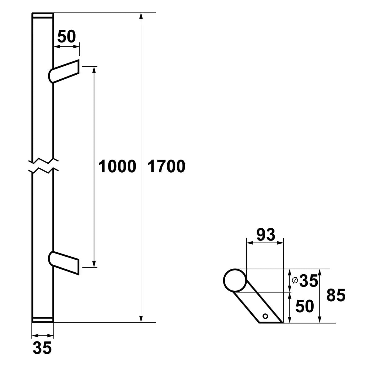 AXA Deurgreep Montreal schuin 1700 mm aluminium naturel – detailopname