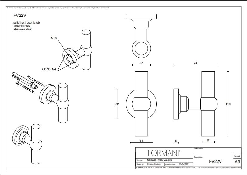 Formani voordeurknop FV22V vast op rozet in RVS – detail