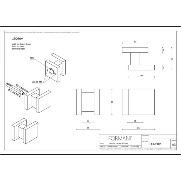 Formani voordeurknop LSQ60V vast op rozet in RVS – detail