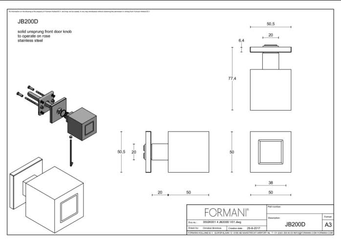 Formani voordeurknop JB200D vast op rozet in RVS – detail