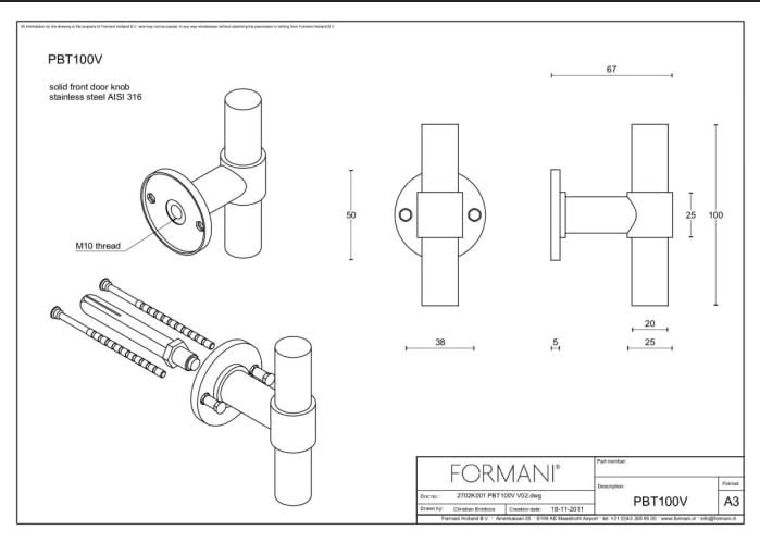 Formani voordeurknop PBT100V op rozet PVD licht brons detail