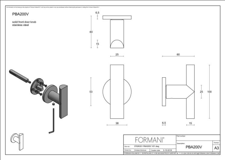 Formani PBA200VA voordeurknop PVD licht brons vast op rozet, productafbeelding