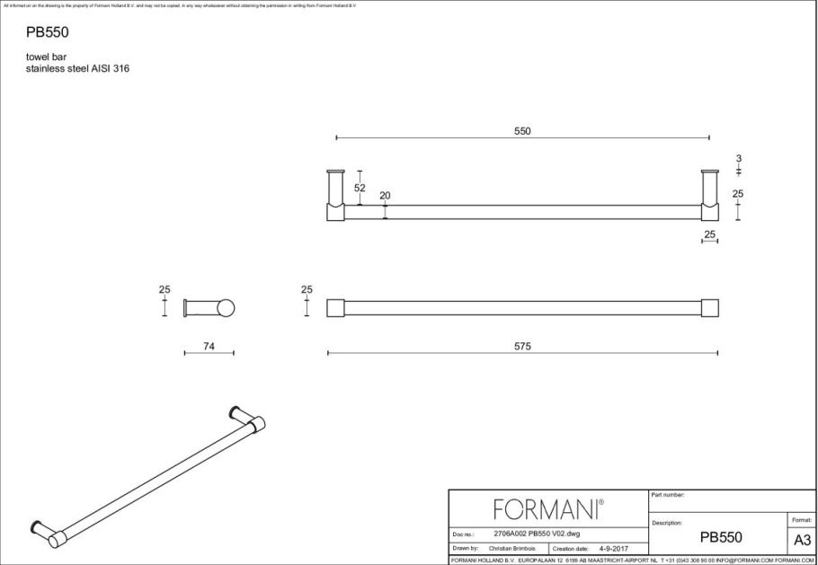 FORMANI ONE PB550 handdoekstang enkel pvd champagne – detail