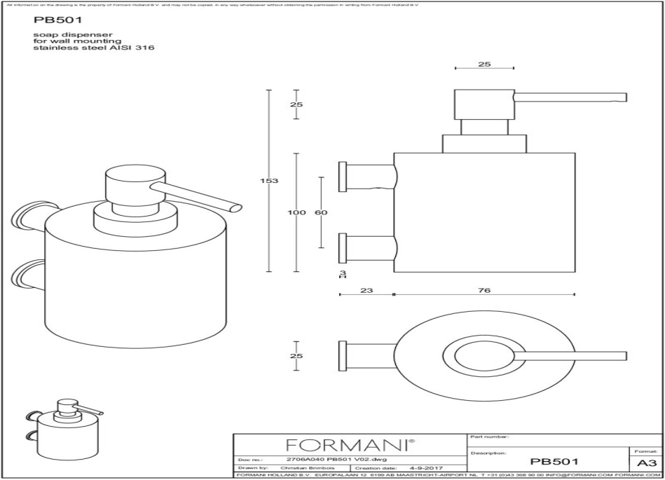 FORMANI ONE PB501 zeepdispenser met muurbevestiging mat roestvast staal – detail