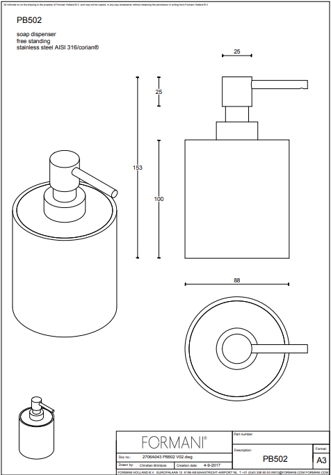 FORMANI ONE PB502 zeepdispenser mat roestvast staal, wit en Corian – detail