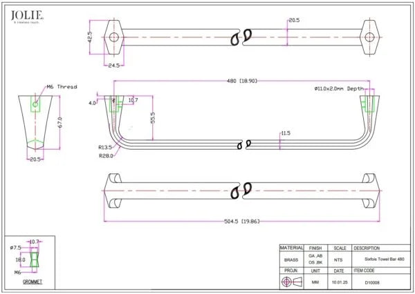 Jolie Six Fois handdoekstang zwart technische tekening met maatvoering
