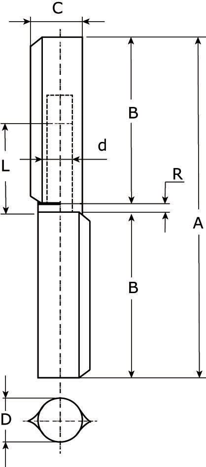Dulimex DX aanlaspaumelle 80 x 13 mm blank staal technische tekening met maatvoering A B C D, detail