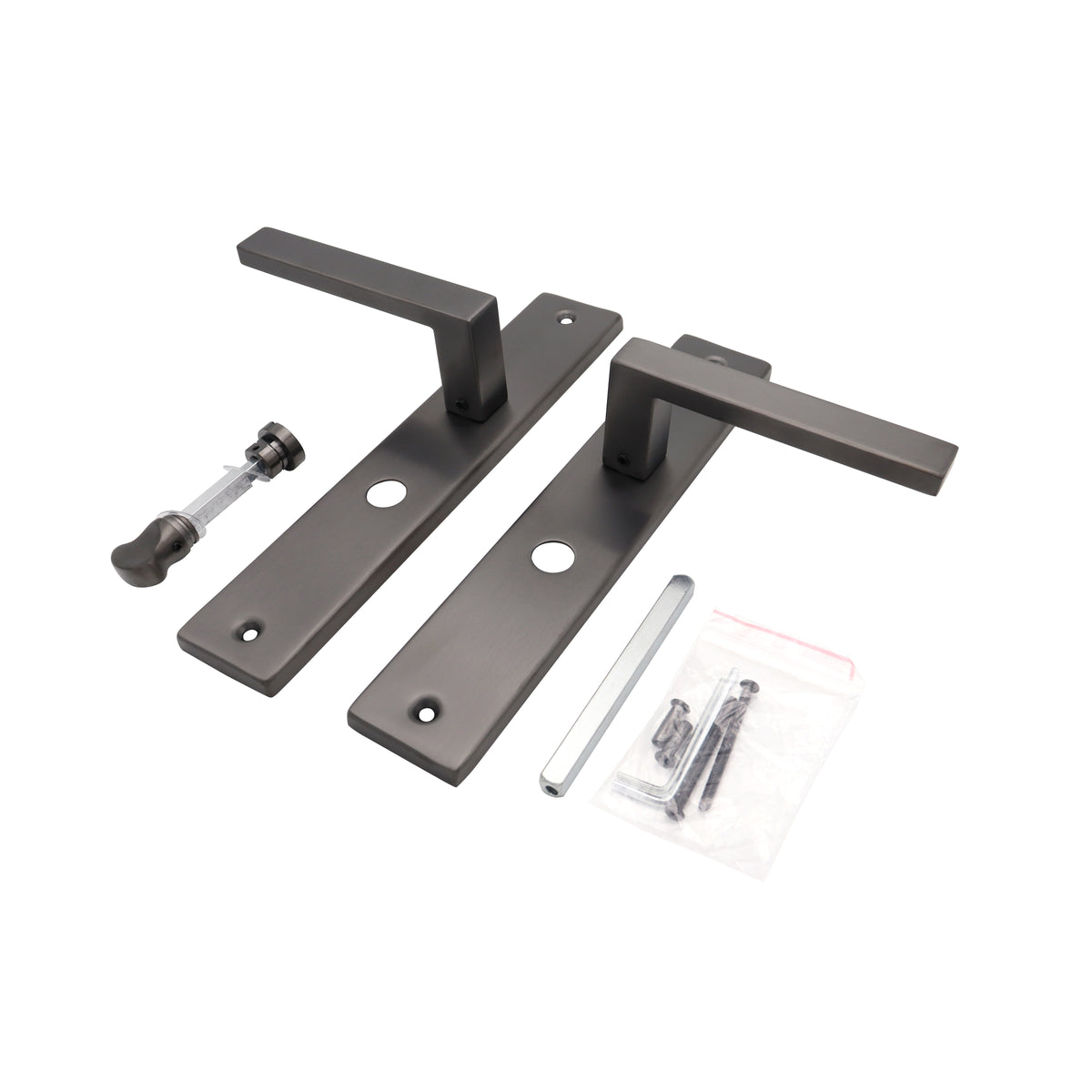Griff Meister deurkruk Fortis Gunmetal op schild WC63/8 toilet – detailweergave