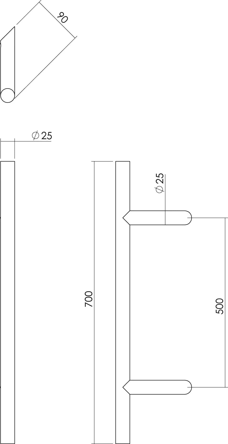 Intersteel deurgreep T-schuin 25 mm 700 mm rvs geborsteld detail