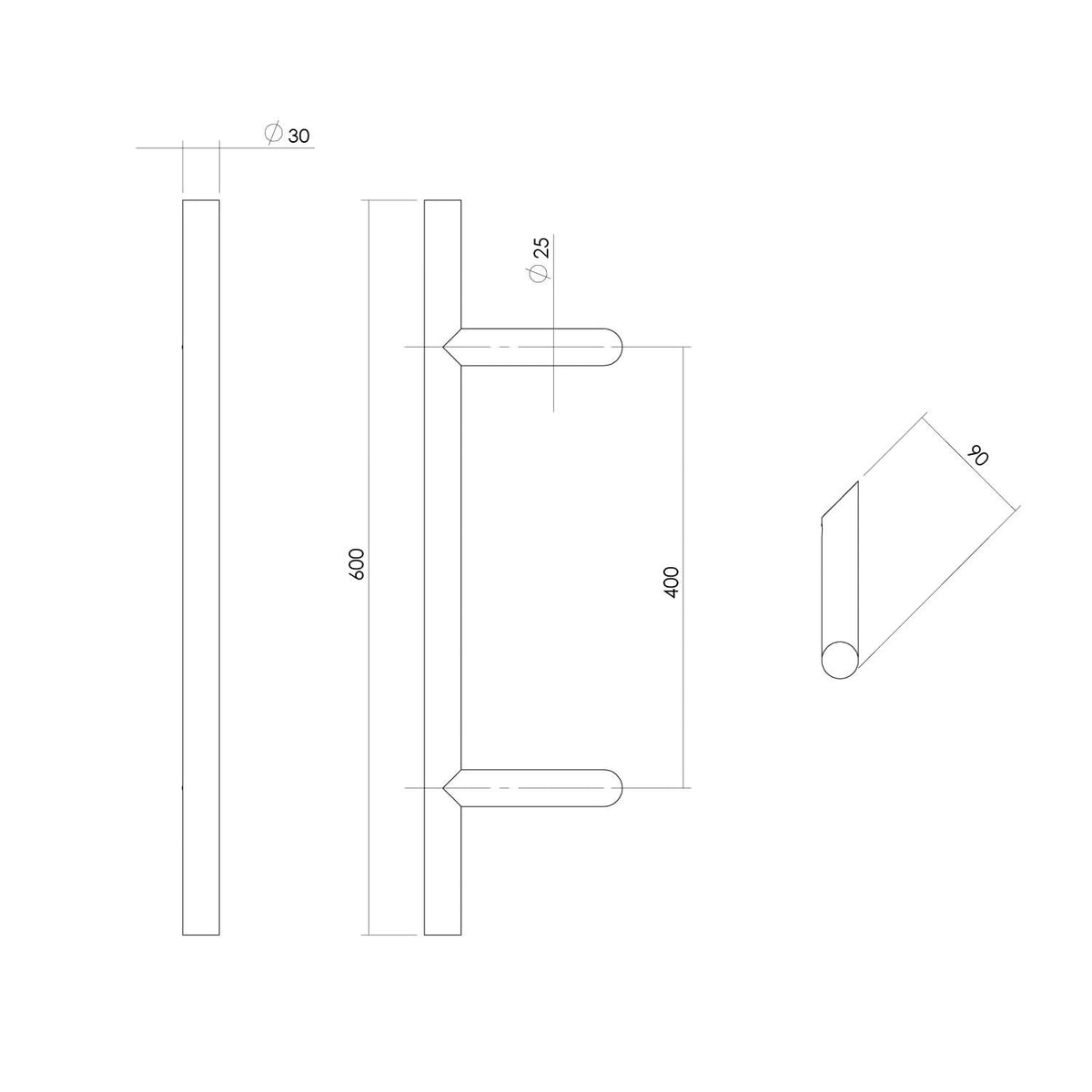 Intersteel deurgreep T-schuin 600 mm rvs geborsteld detail