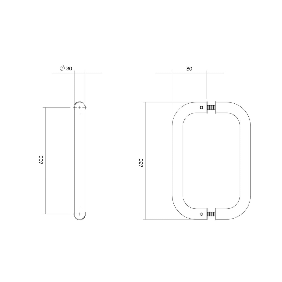 Intersteel deurgrepen U-vorm 630 mm HoH 600 per paar rvs geborsteld – detail