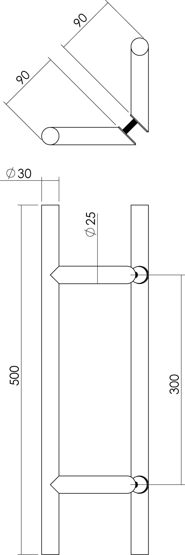 Intersteel deurgrepen set T-schuin 30 mm 500 mm rvs geborsteld detail