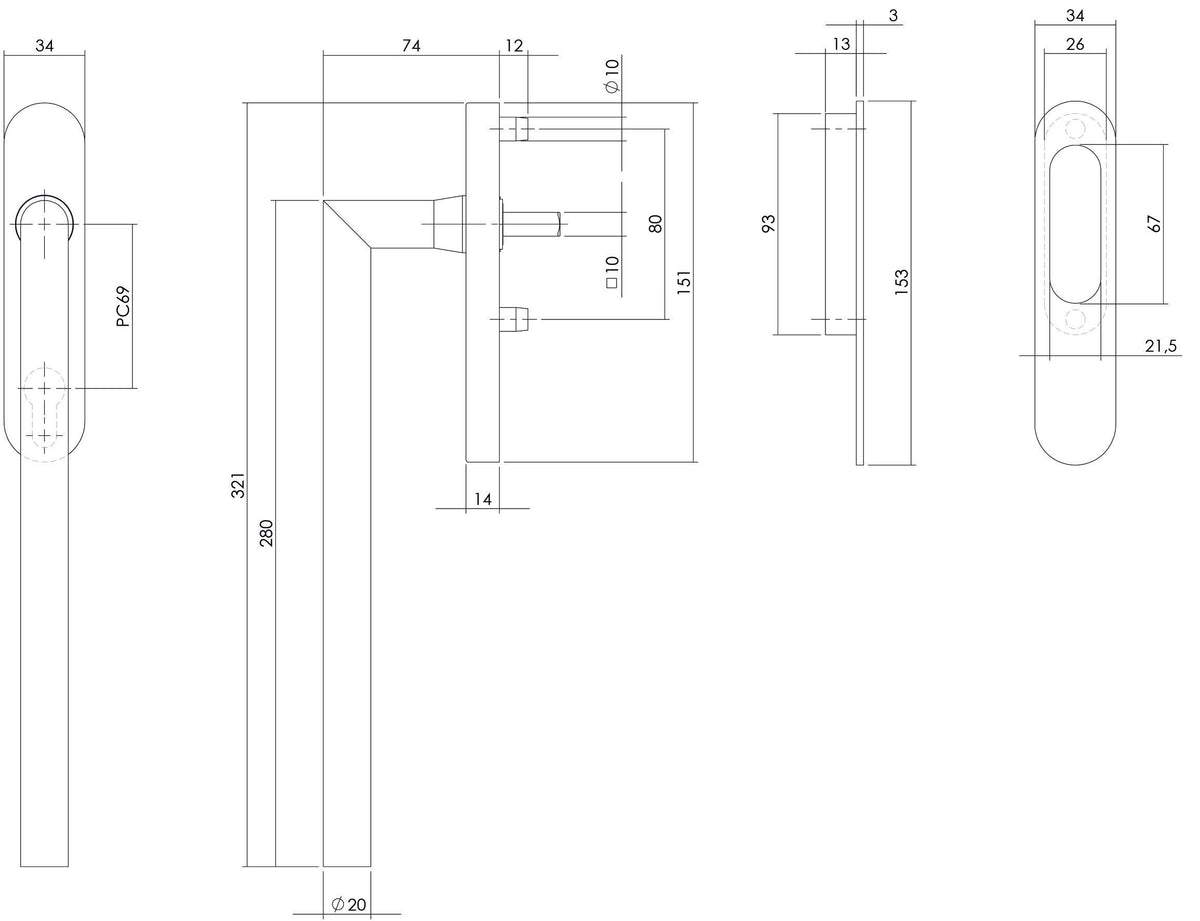 Intersteel hef-schuifdeurbeslag hoek met profielcilindergat rvs geborsteld detail