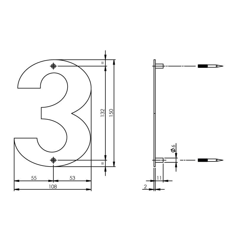 Intersteel huisnummer 3 150 × 2 mm RVS geborsteld – detailfoto