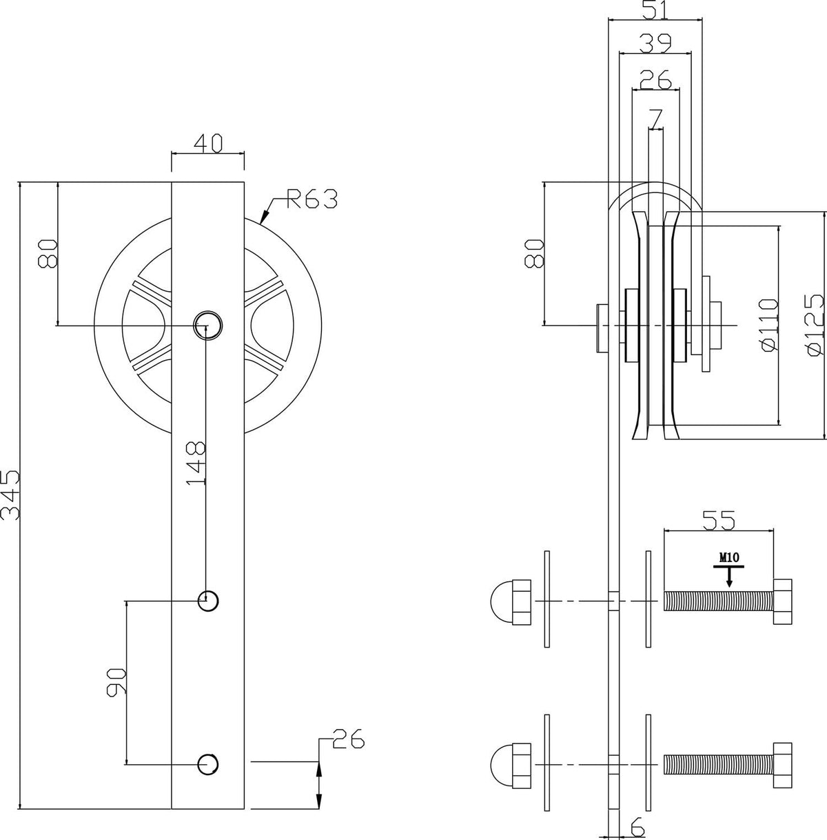 Intersteel hangrollen Wheel 340 mm set van 2 mat zwart – detail