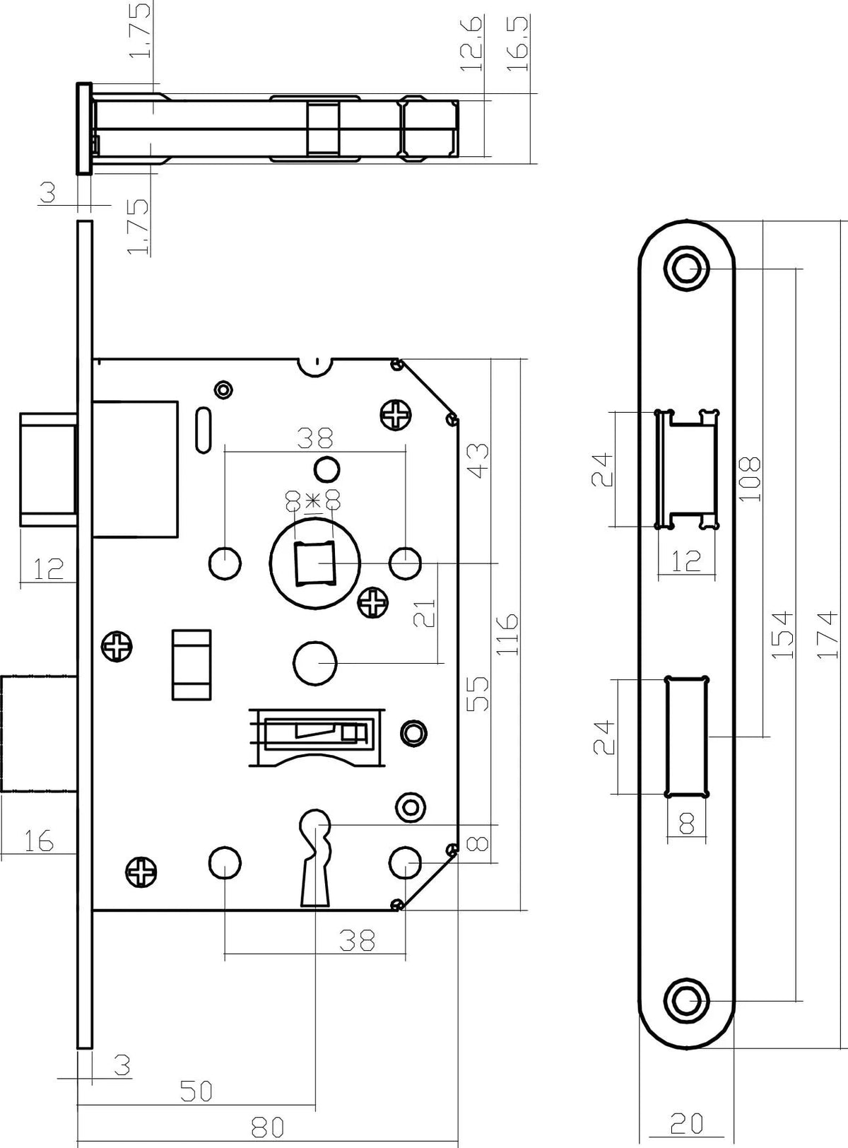 Intersteel woningbouw klavier dag- en nachtslot 55 mm RVS geborsteld - detail voorplaat