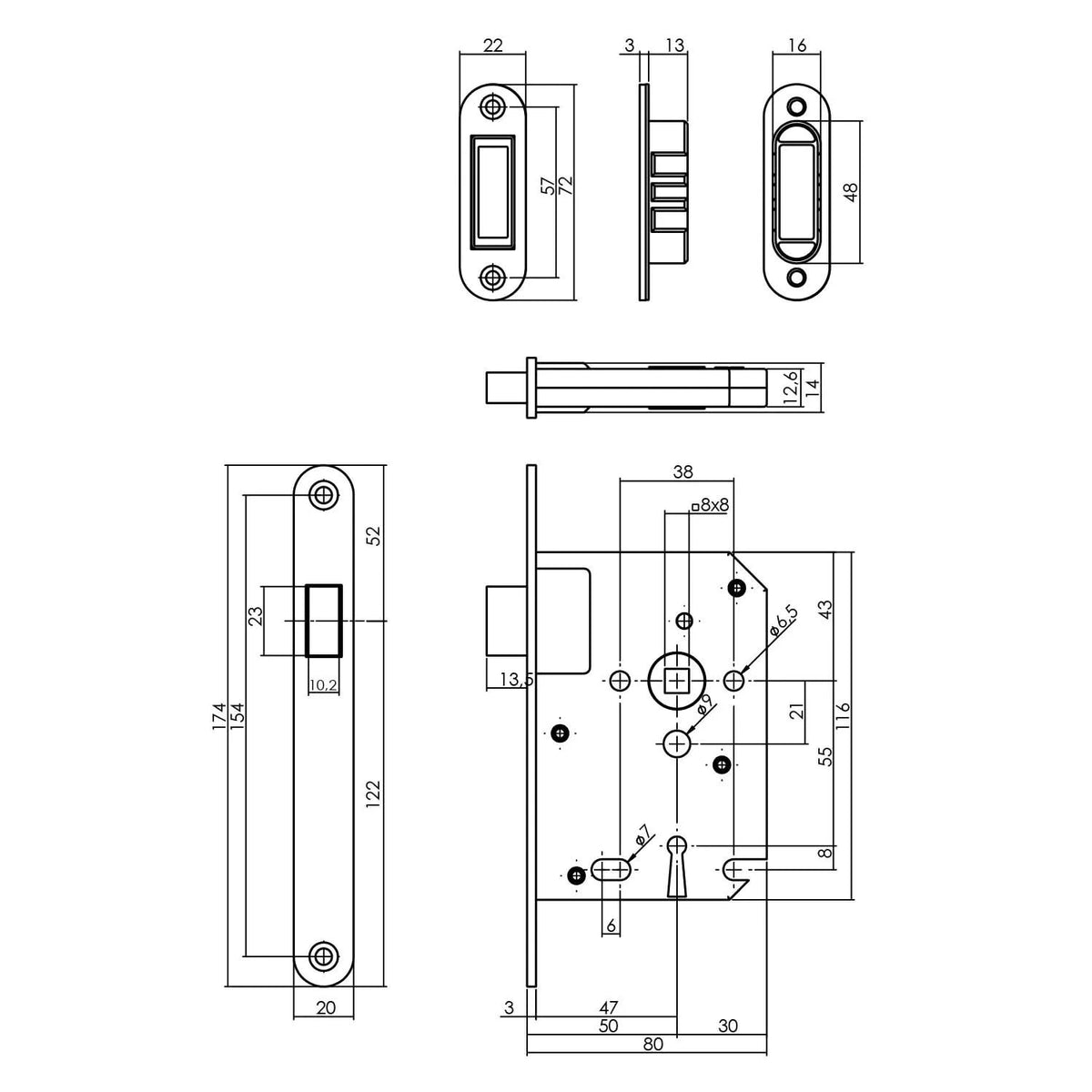 Intersteel magneet klavierslot 55 mm voorplaat afgerond zwart – detailweergave