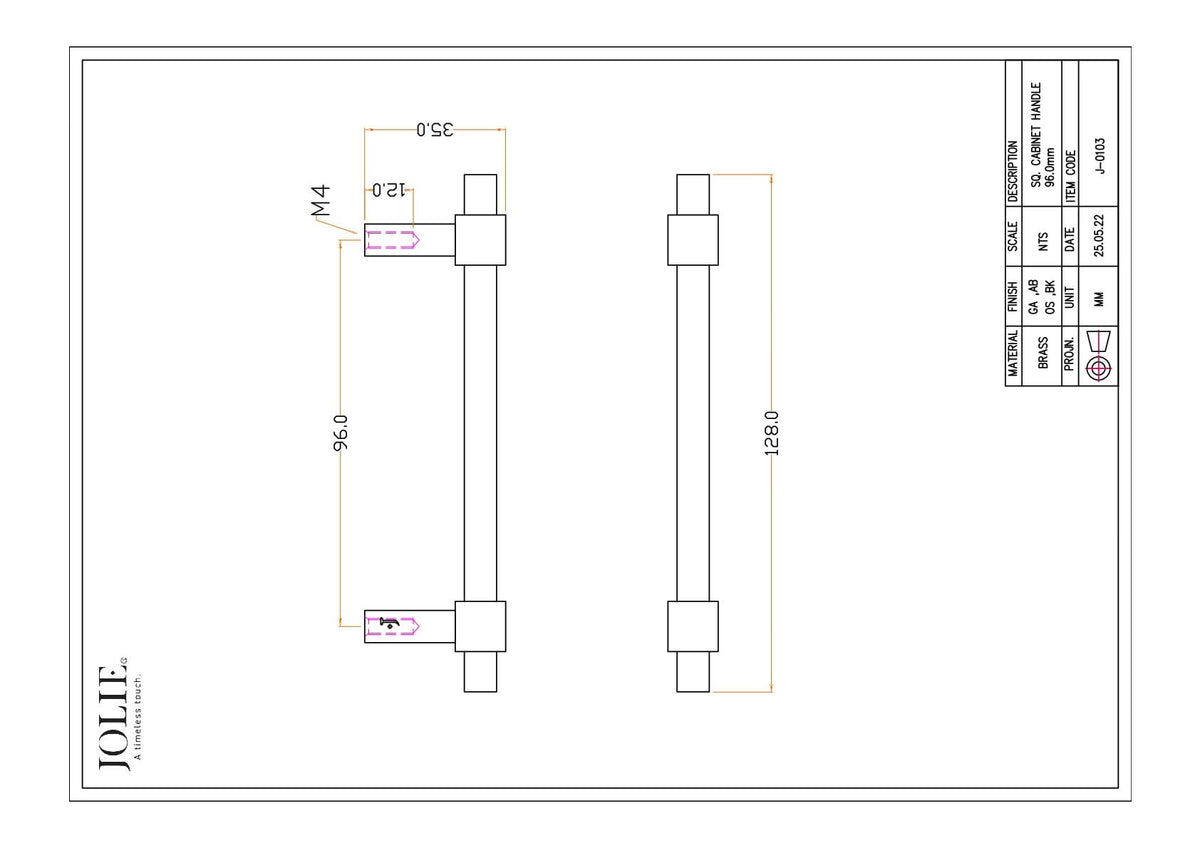 Jolie Cross meubelgreep 96 mm technische tekening met maatvoering