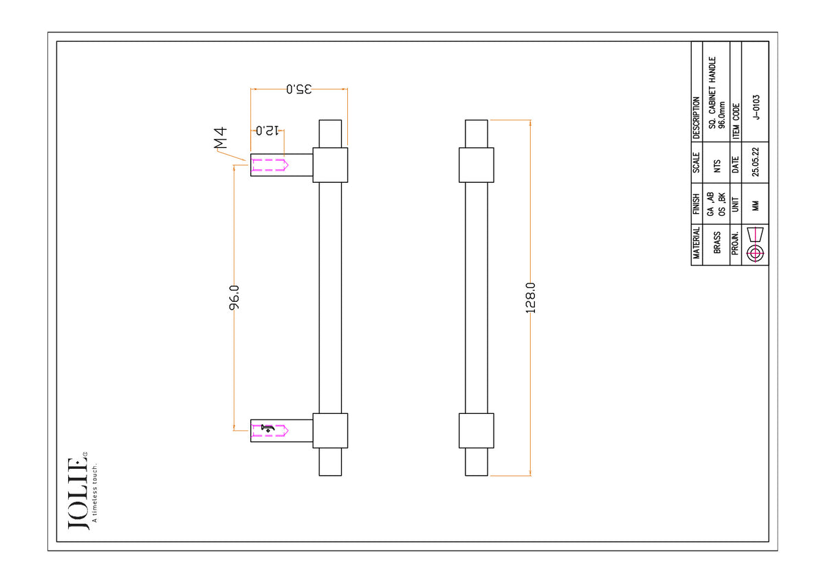 Jolie Cross meubelgreep 96 mm technische tekening met maatvoering