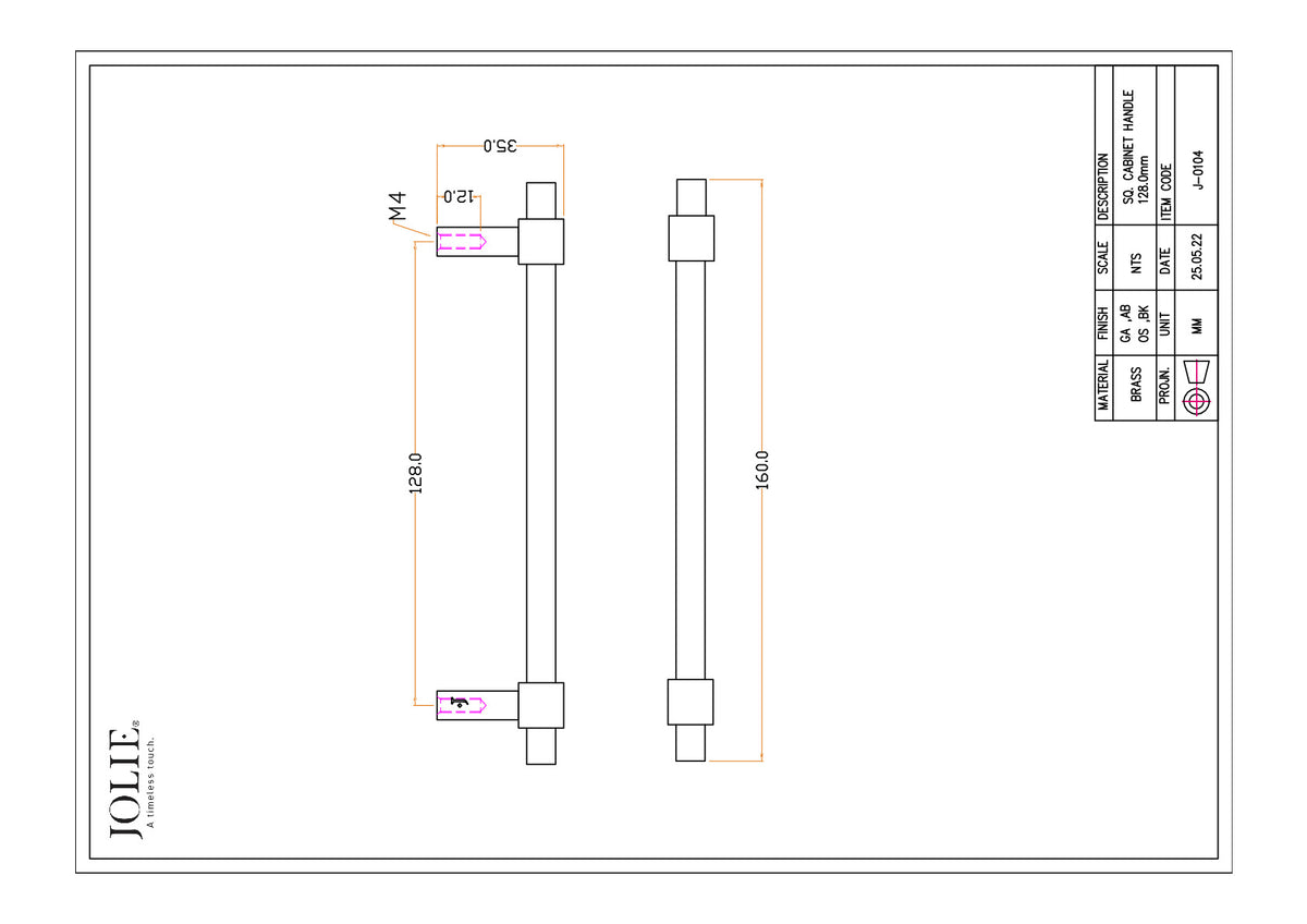 Jolie Cross meubelgreep 128 mm technische tekening met maatvoering
