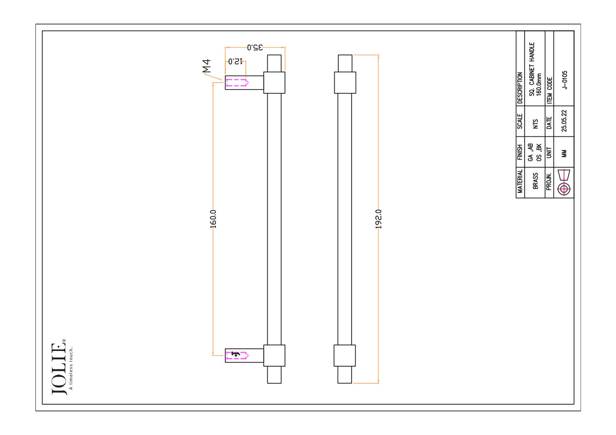 Jolie Cross meubelgreep 160 mm technische tekening met maatvoering