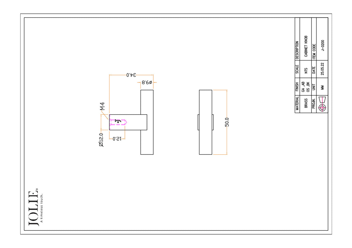Jolie Core meubelknop technische tekening met maatvoering