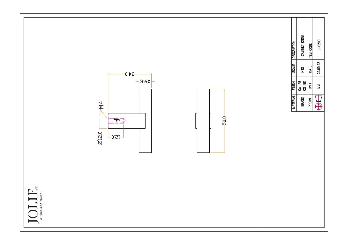 Jolie Core meubelknop technische tekening met maatvoering