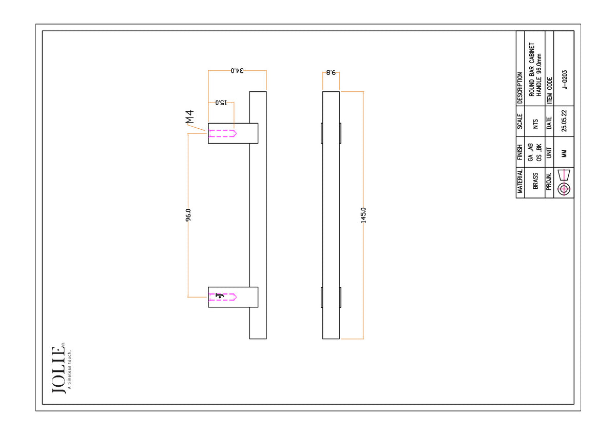 Jolie J-0203 meubelgreep 96 mm technische maattekening