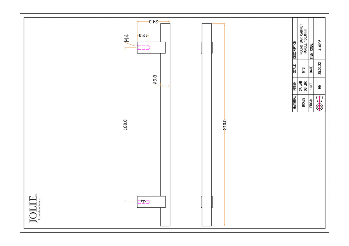 Jolie Core meubelgreep 160 mm technische tekening met maatvoering