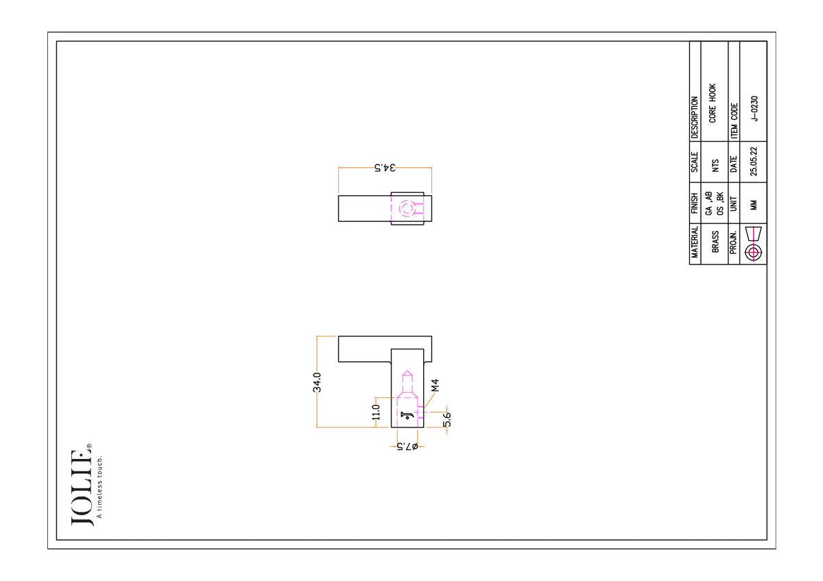 Jolie Core haak Zwart technische tekening met maatvoering