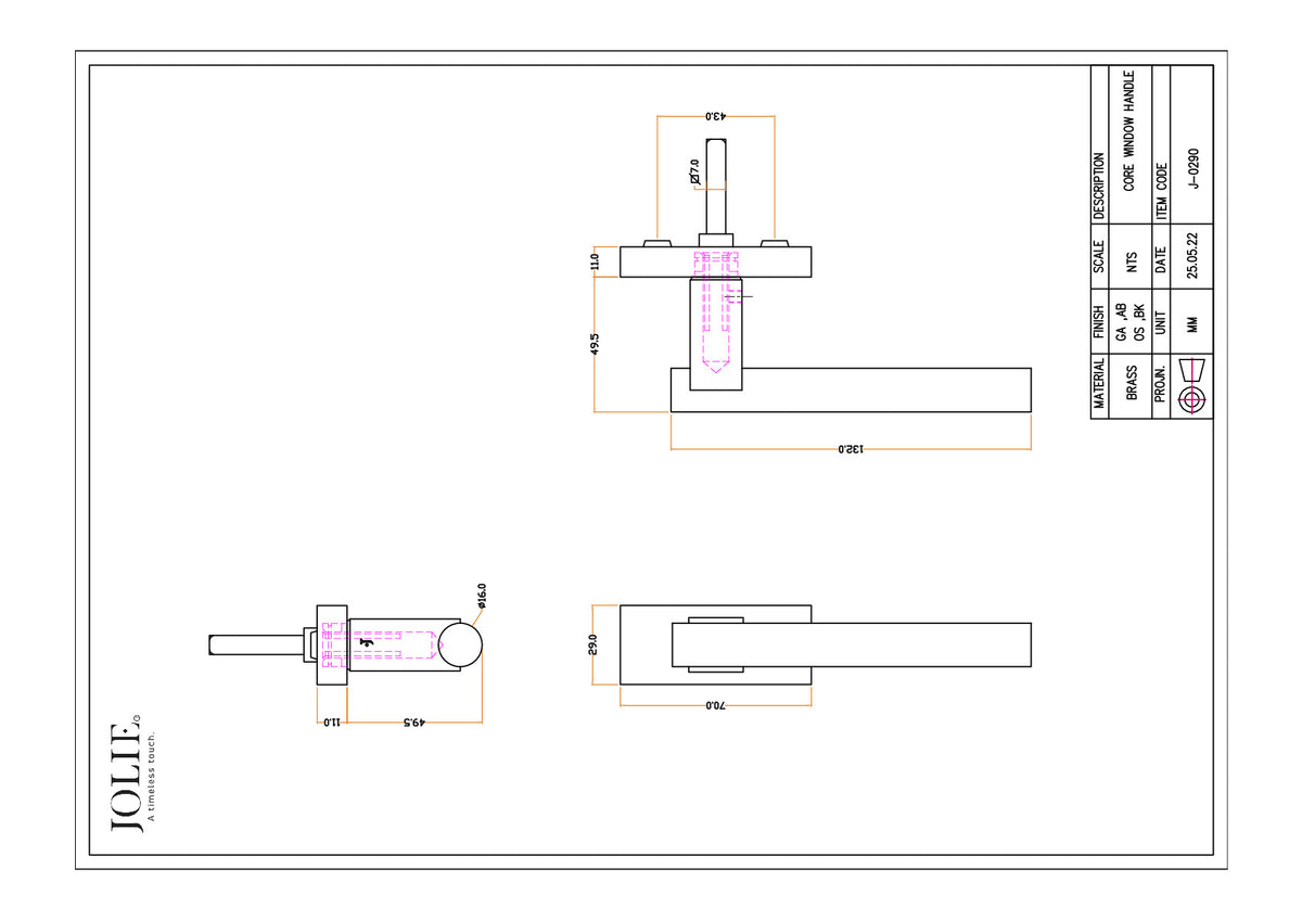 Jolie Core draaikiepbeslag zwart technische tekening met maatvoering