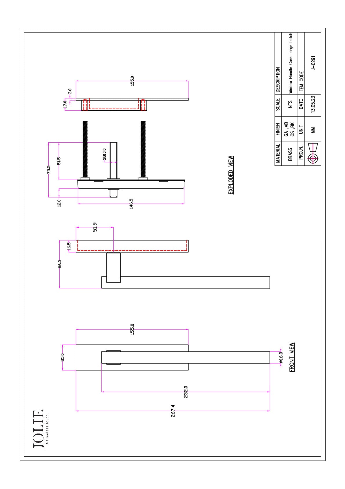 Jolie Core hefschuifdeurbeslag blind zwart – technische tekening met maatvoering