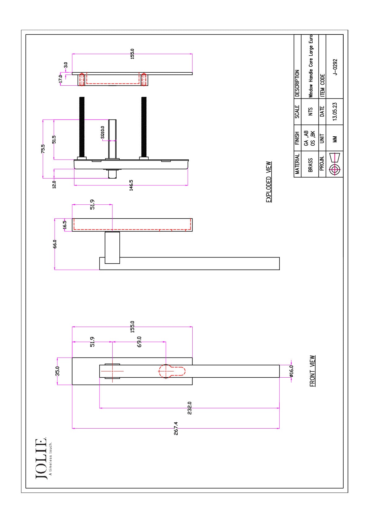 Jolie Core hefschuifdeurbeslag Y69 Oud zilver technische tekening met maatvoering