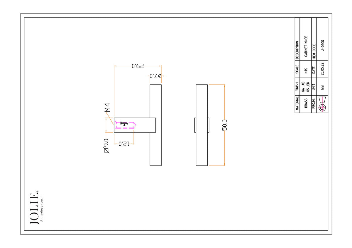 Jolie Core meubelknop technische tekening met maatvoering