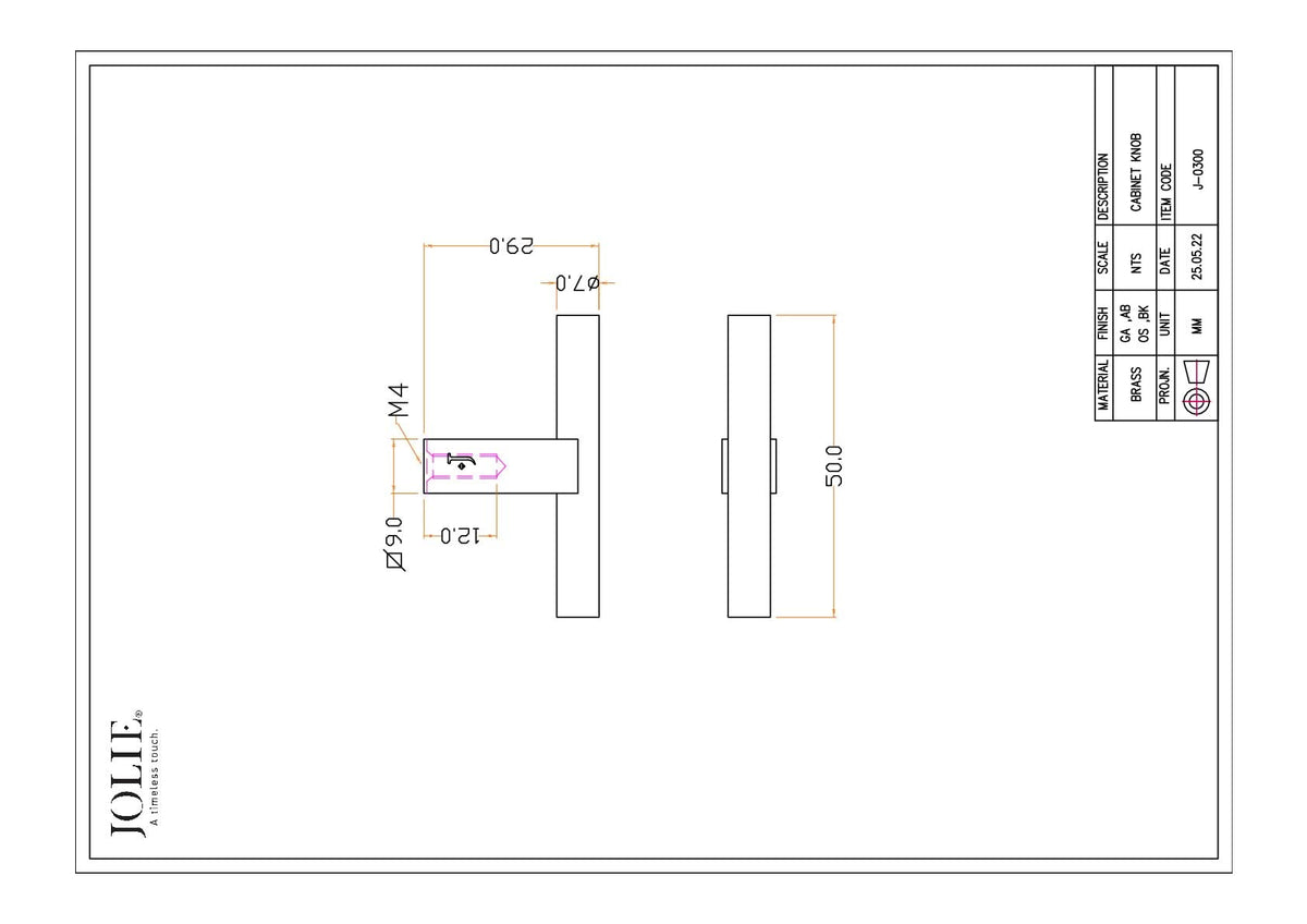 Jolie Core meubelknop technische tekening met maatvoering