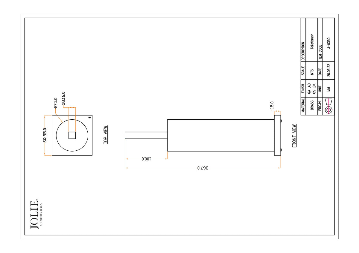 Jolie Core toiletborstel (staand) zwart technische tekening