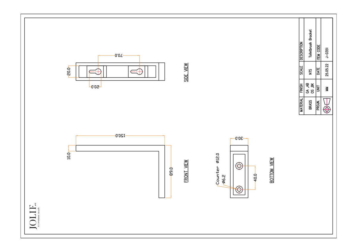 Jolie Core / Rieu wandbevestiging toiletborstel zwart technische tekening
