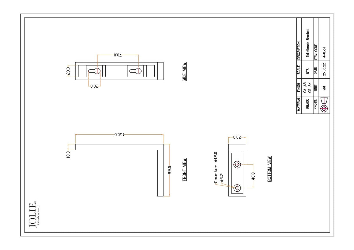 Jolie Core / Rieu wandbevestiging toiletborstel oud zilver technische tekening