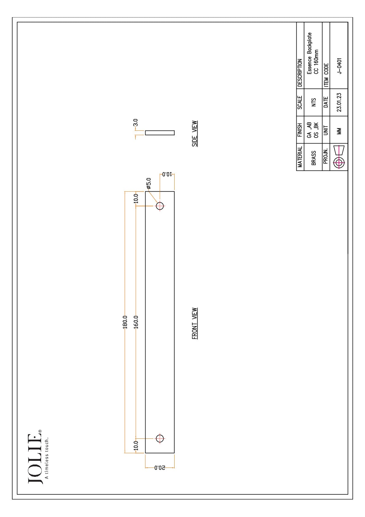 Jolie Essence greepplaat 160 mm mat zwart technische maattekening
