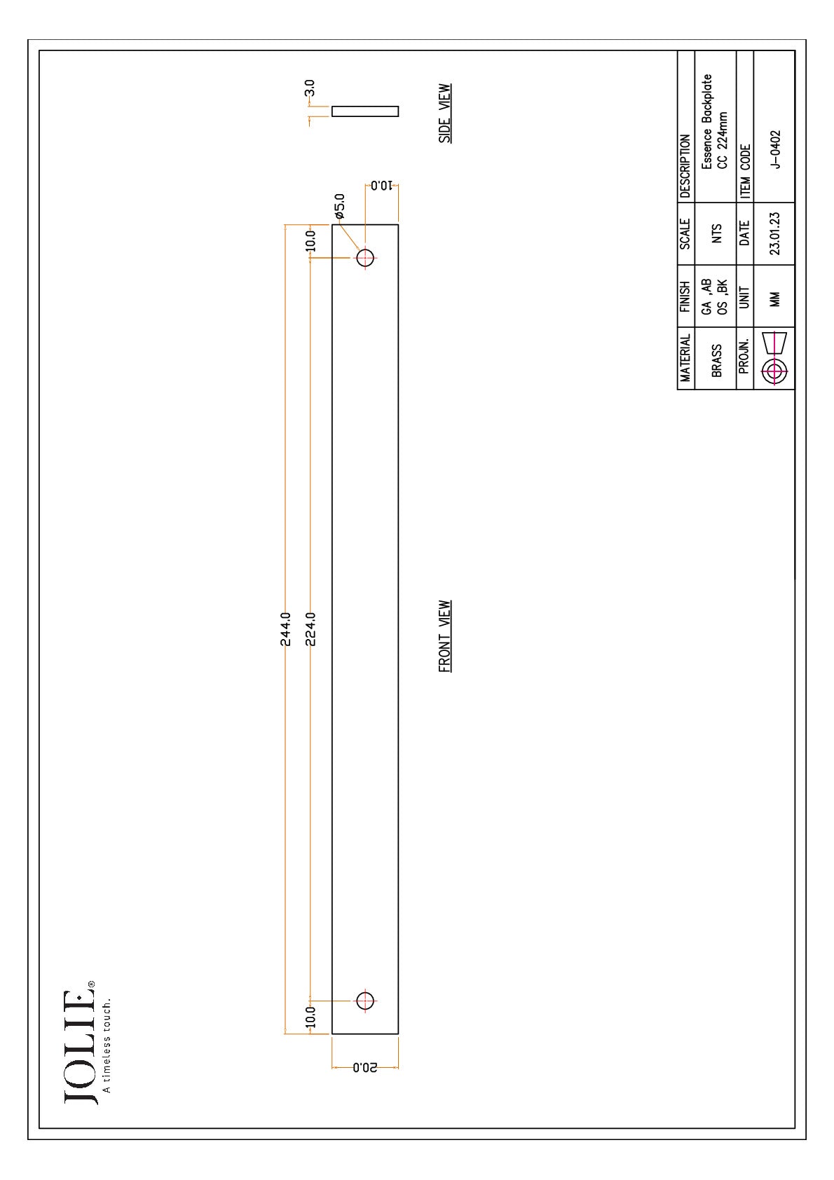 Jolie Essence greepplaat 224 mm technische tekening met maatvoering