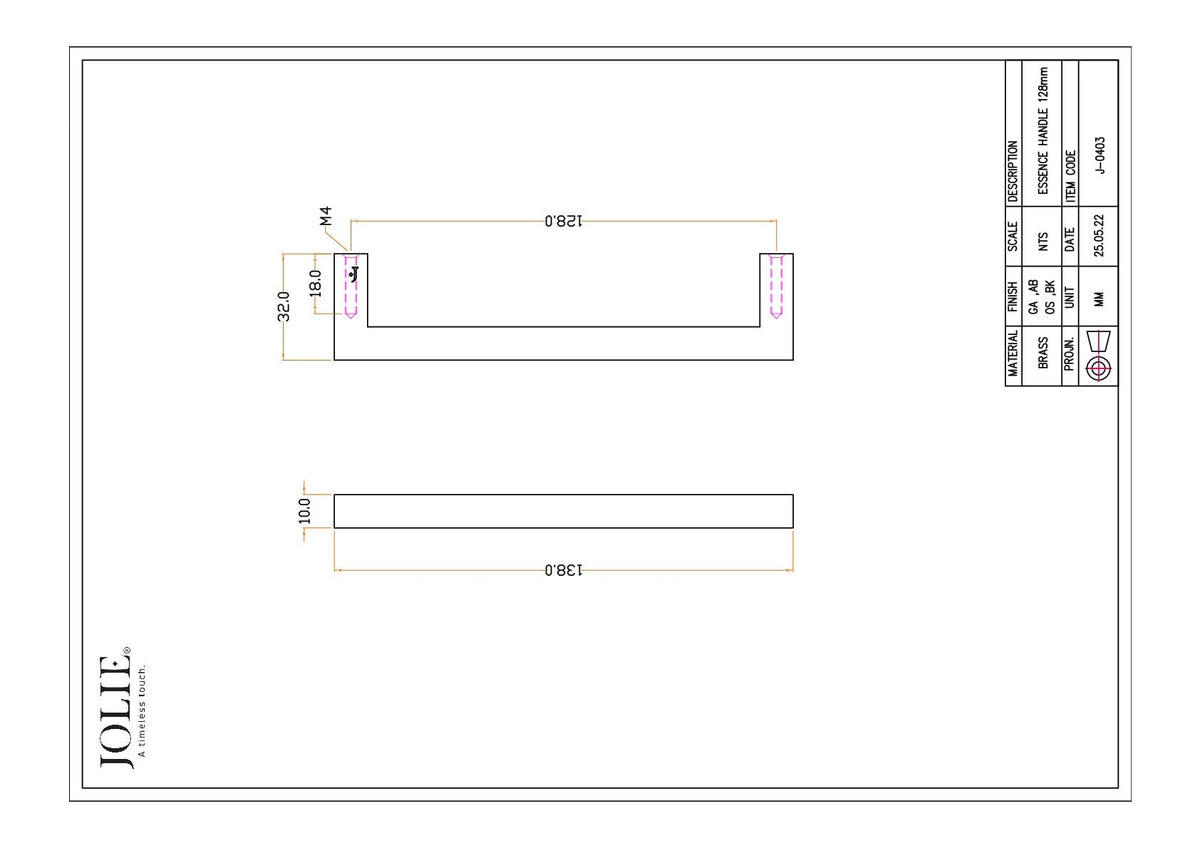 Jolie Essence meubelgreep 128 mm technische tekening met maatvoering