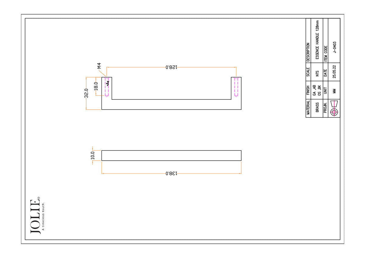 Jolie Essence meubelgreep 128 mm technische tekening met maatvoering