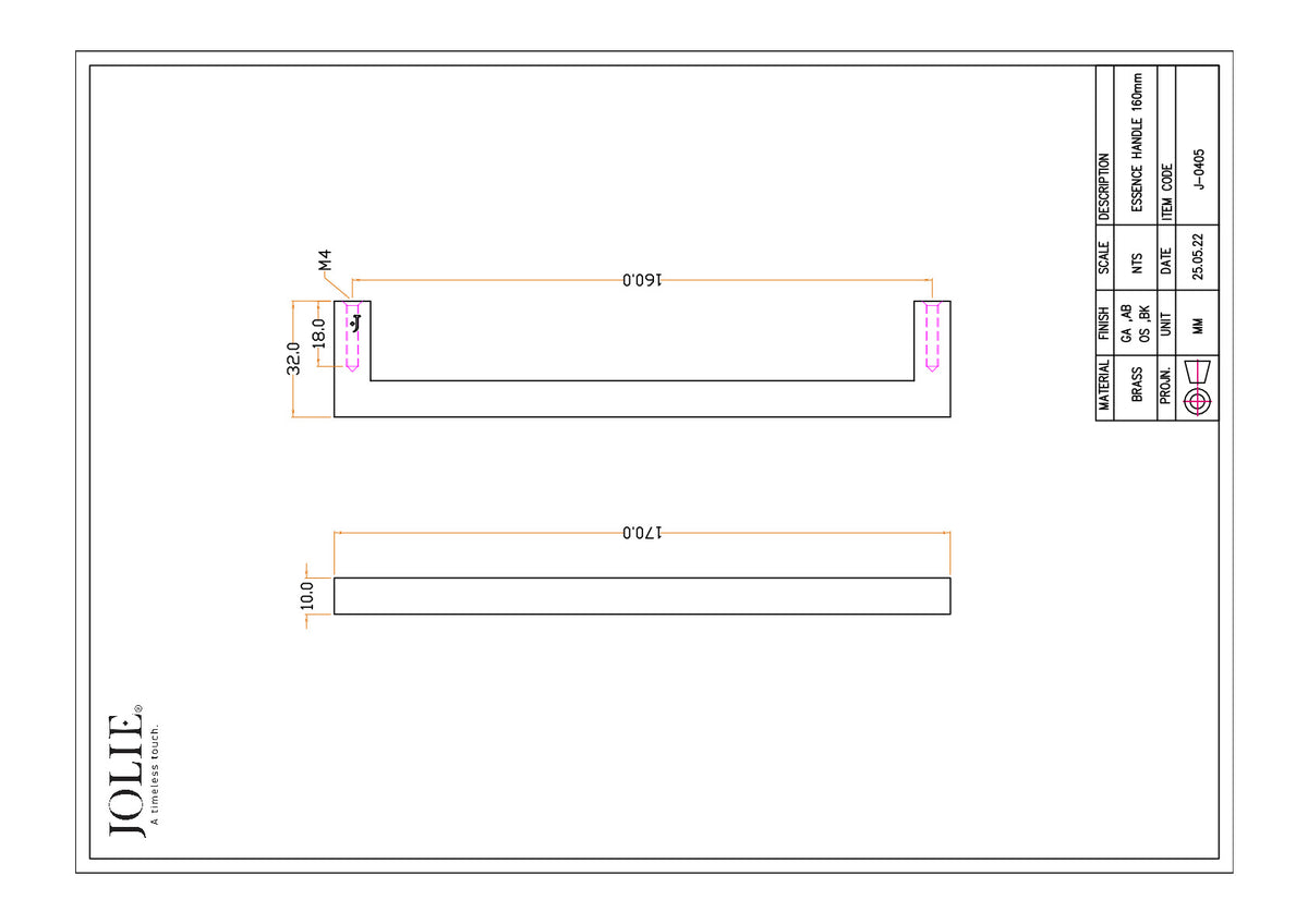 Jolie J-0405 meubelgreep 160 mm technische maattekening