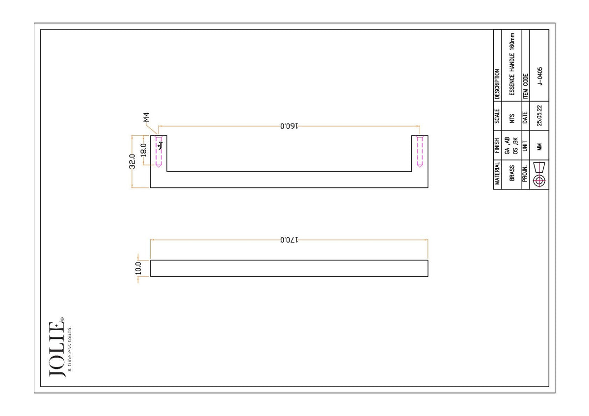 Jolie Essence meubelgreep 160 mm technische tekening met maatvoering