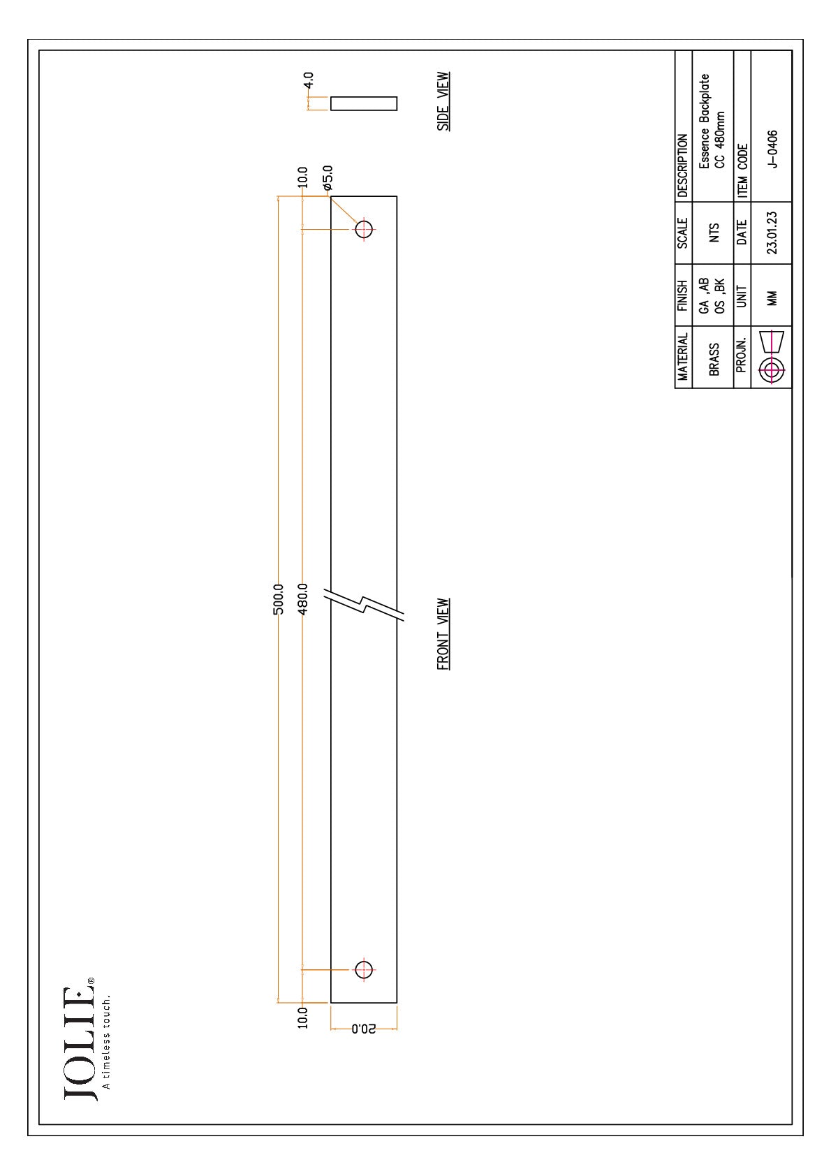Jolie Essence greepplaat 480 mm antiek goud technische tekening met maatvoering