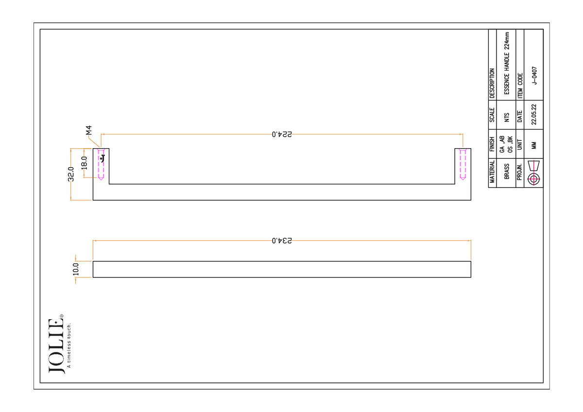 Jolie Essence meubelgreep 224 mm technische tekening met maatvoering
