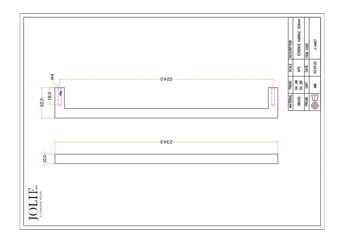 Jolie Essence meubelgreep 224 mm technische tekening met maatvoering